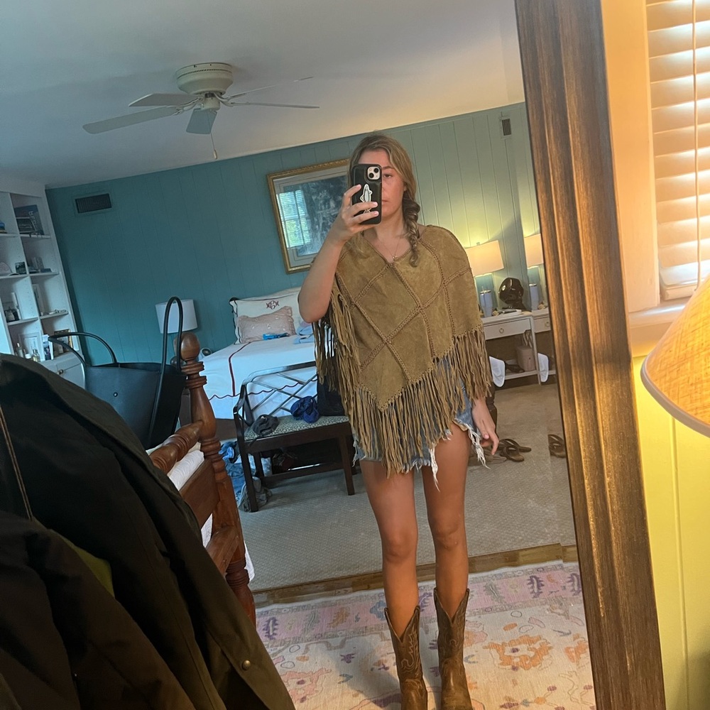 Wilsons Leather Fringe Poncho in Olive and Brown